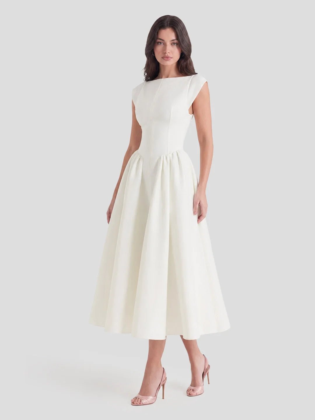 Marlene | Damen Vintage Bateau-Ausschnitt Satin Midi Kleid mit Tellerrock