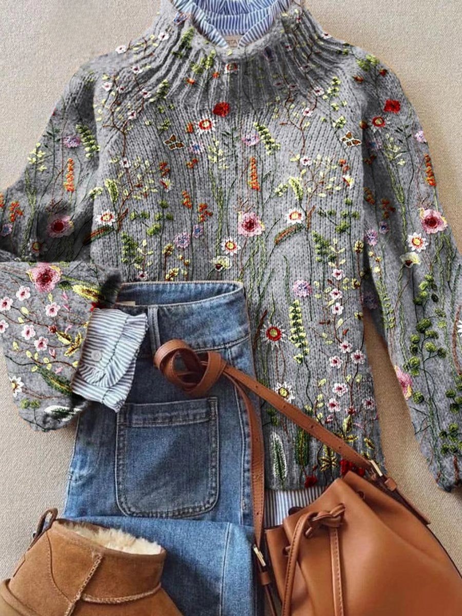Mia | Damen Vintage Blumen Stehkragen Turtleneck Sweater Strickpullover