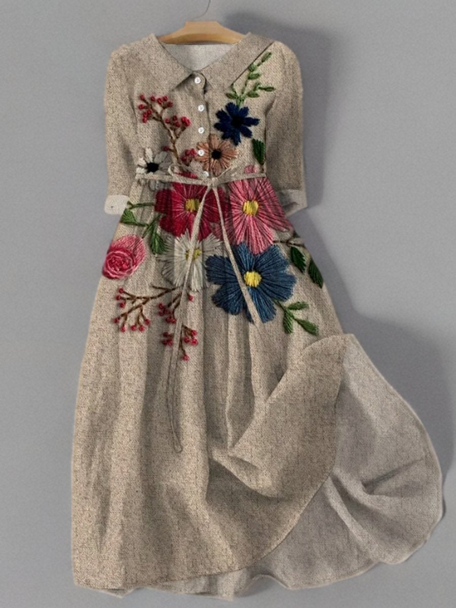 Hannah | Damen Vintage Langarmkleid Botanische Stickerei Midikleid Taschen