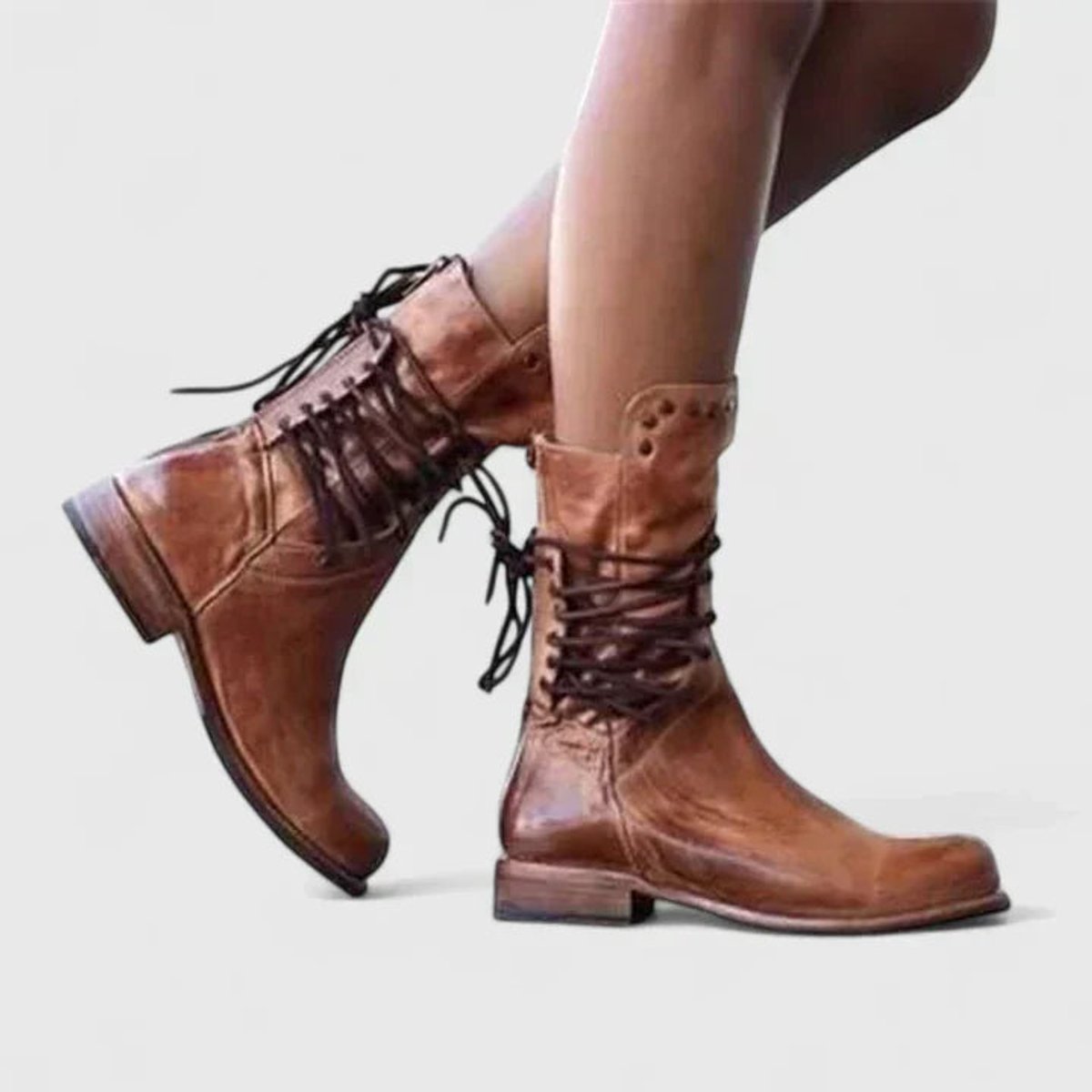 Marlene | Damen Vintage Schnür-Kniehohe Stiefel mit Nietendetails