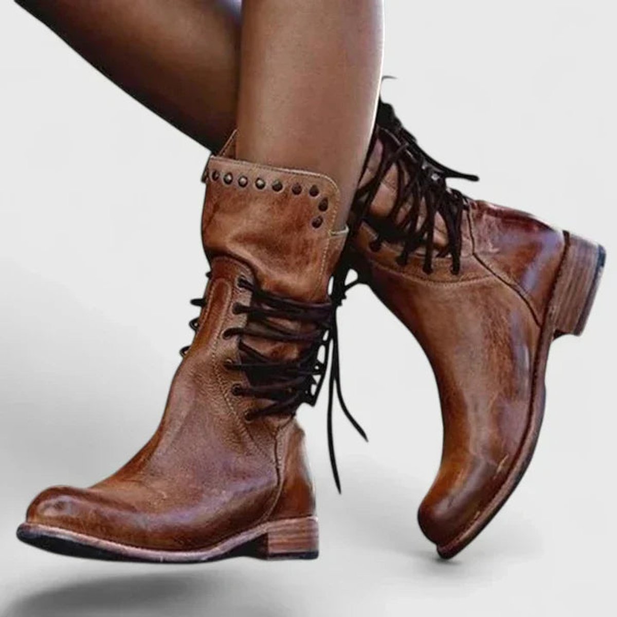 Marlene | Damen Vintage Schnür-Kniehohe Stiefel mit Nietendetails