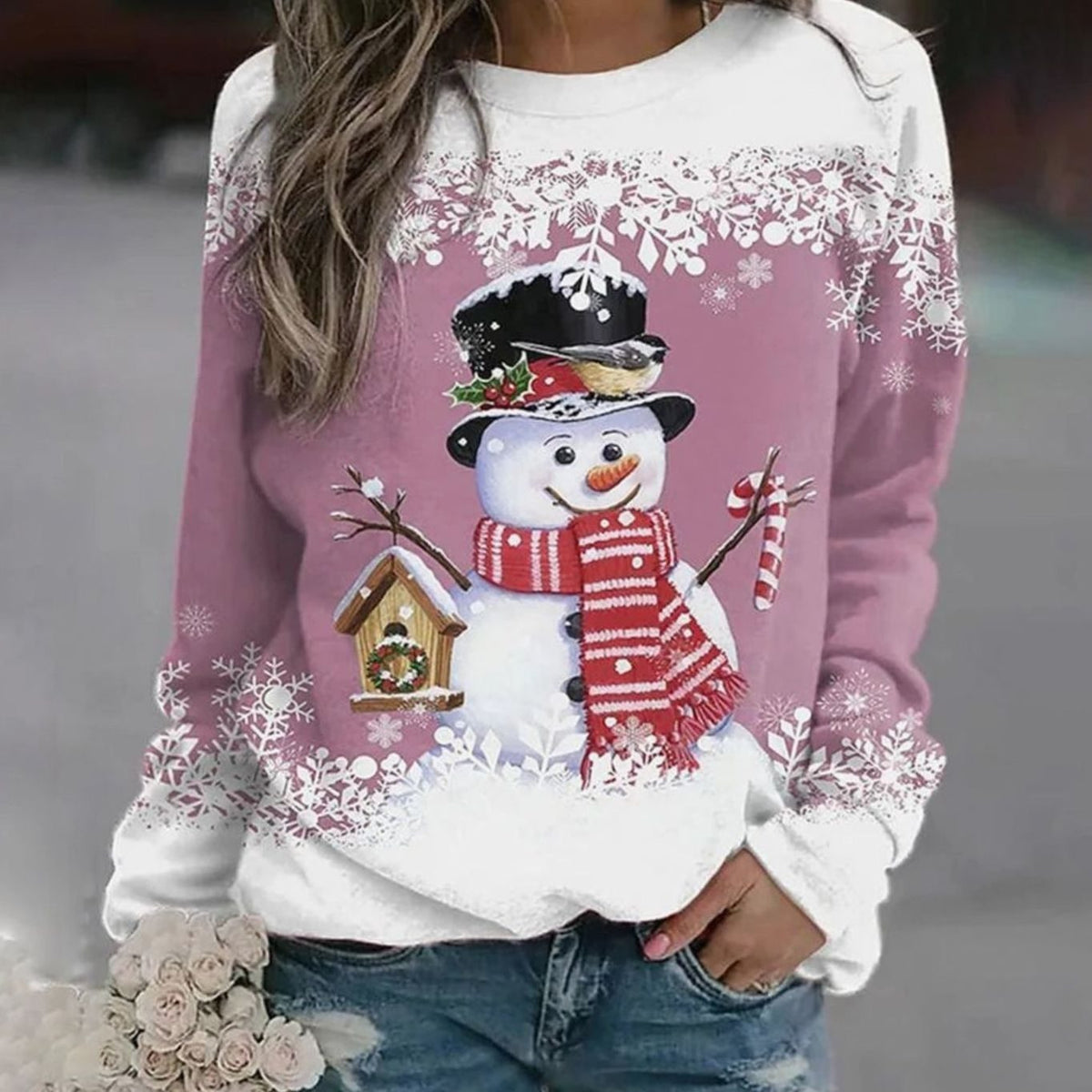 Frieda | Damen Weihnachts-Sweatshirt mit Schneemann-Motiv lockere Passform