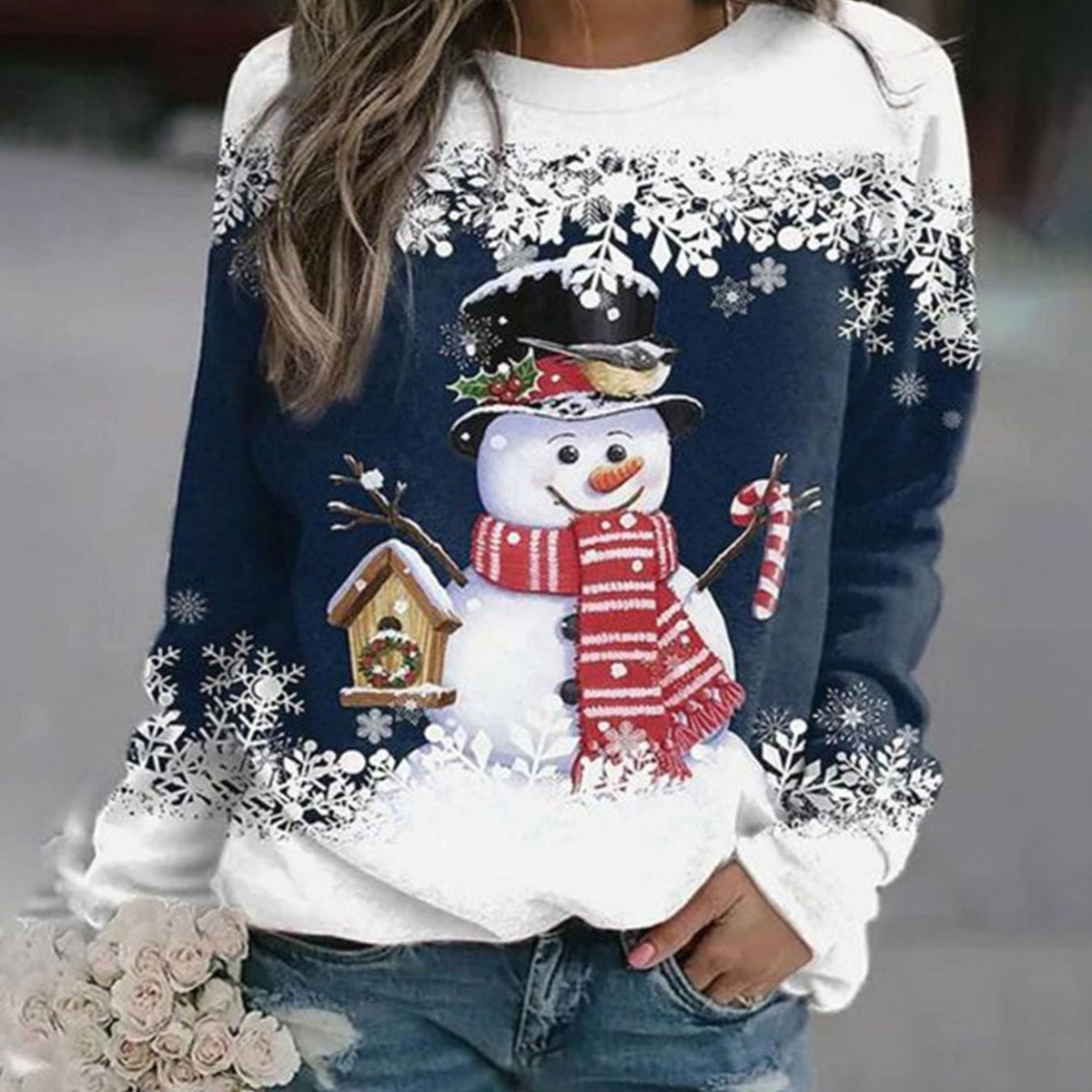 Frieda | Damen Weihnachts-Sweatshirt mit Schneemann-Motiv lockere Passform