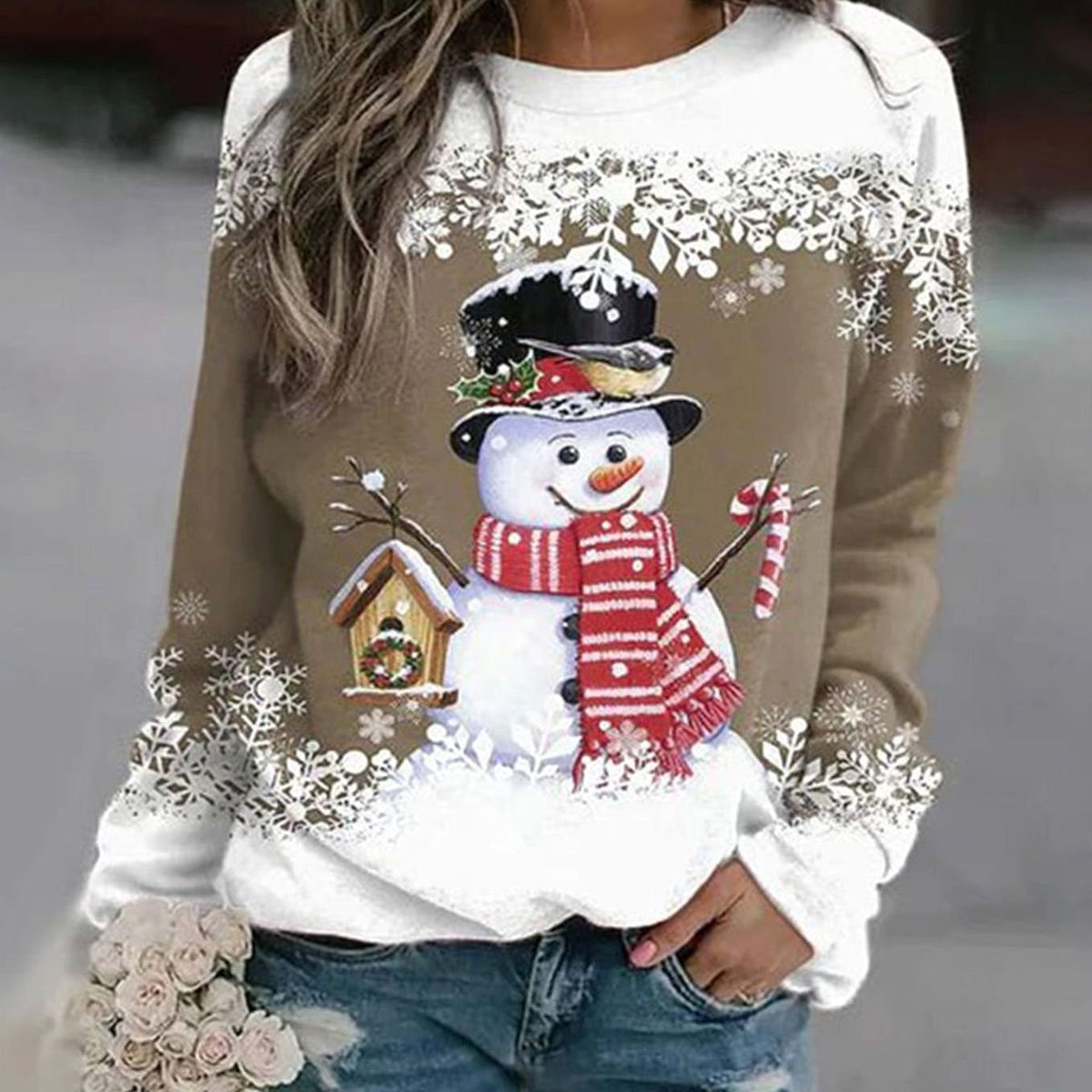 Frieda | Damen Weihnachts-Sweatshirt mit Schneemann-Motiv lockere Passform