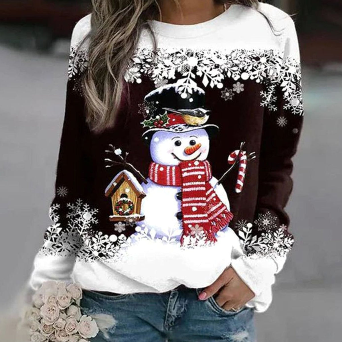 Frieda | Damen Weihnachts-Sweatshirt mit Schneemann-Motiv lockere Passform