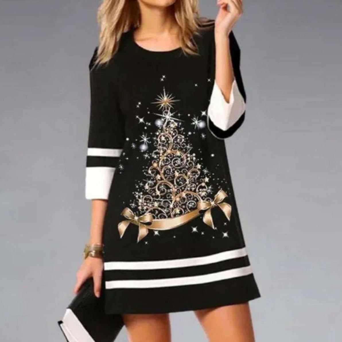 Amelie | Damen Weihnachtskleid mit Rentierdruck Pailletten A-Linie Minikleid