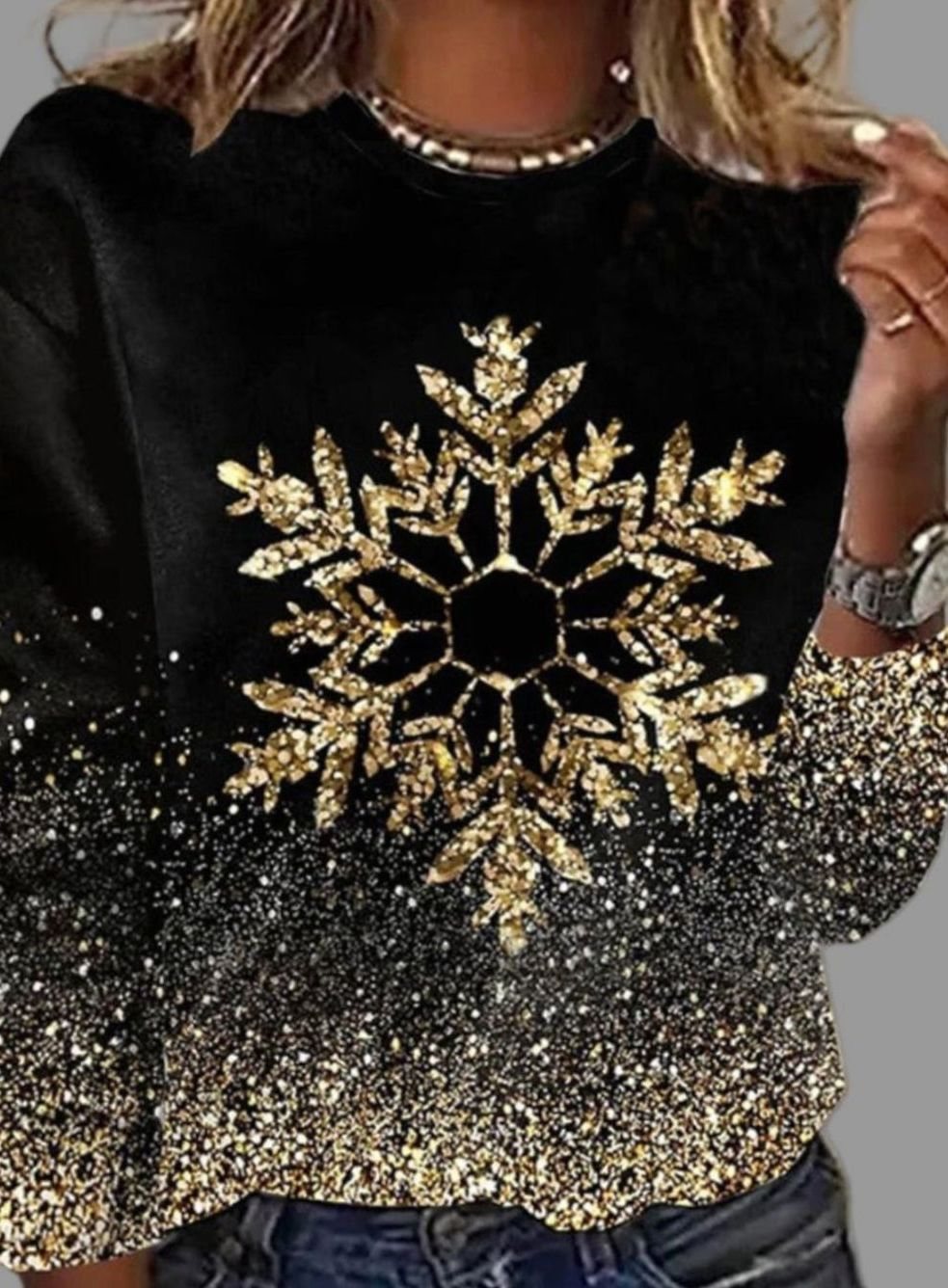 Emilia | Damen Weihnachtspullover goldenen Schneeflocken Glitzer Rundhals