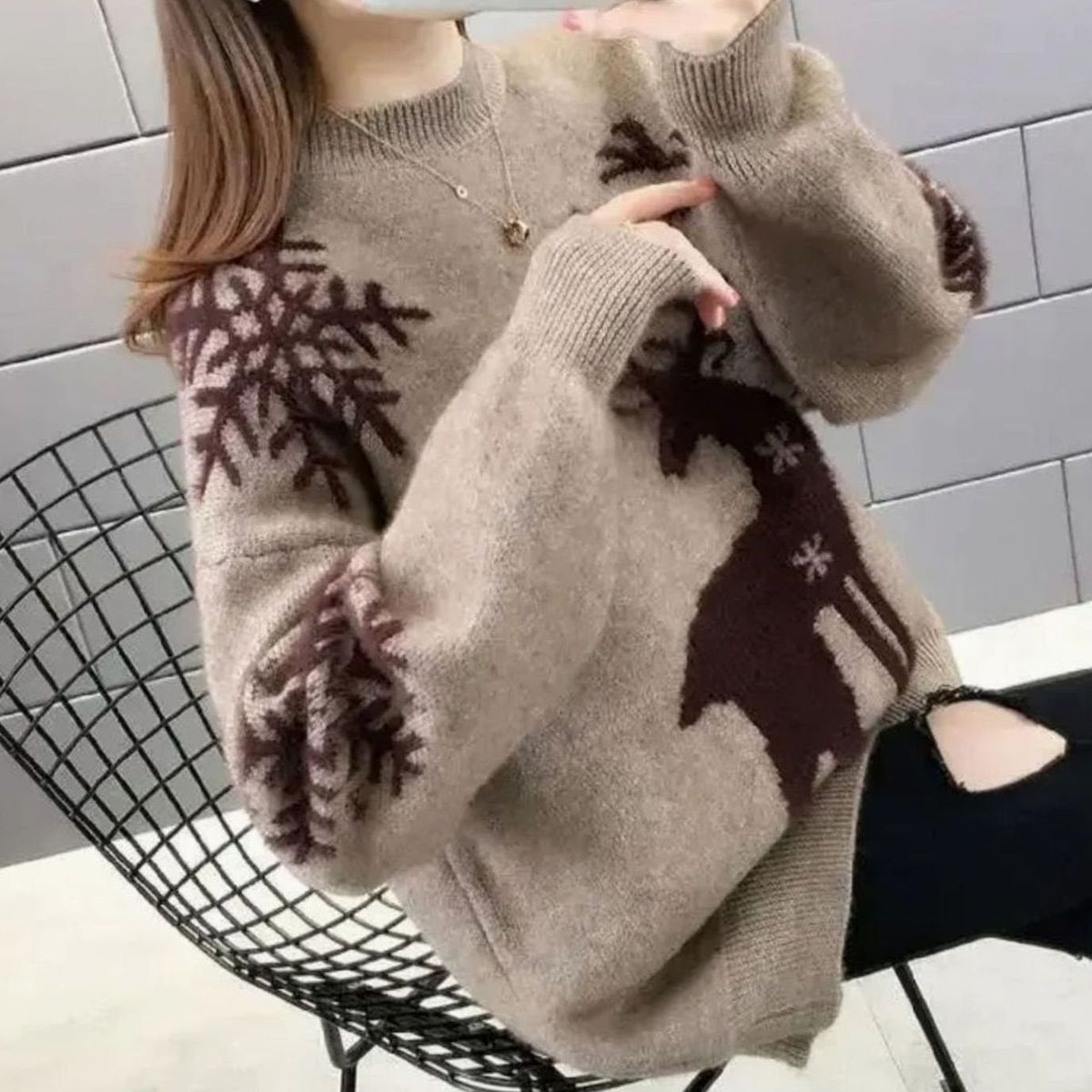 Marlene | Damen Weihnachtspullover mit Rentiermotiv Oversized Strickpullover