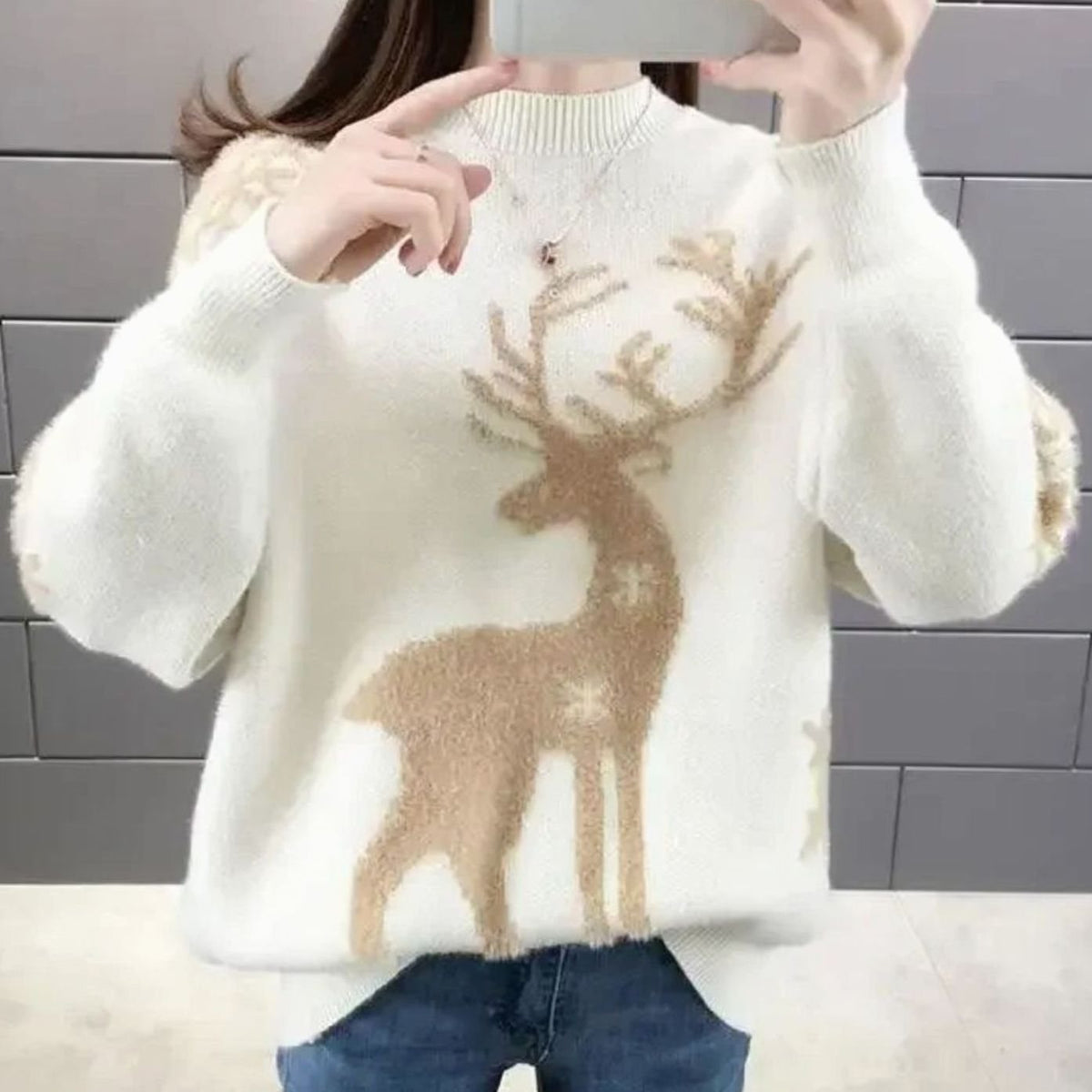 Marlene | Damen Weihnachtspullover mit Rentiermotiv Oversized Strickpullover