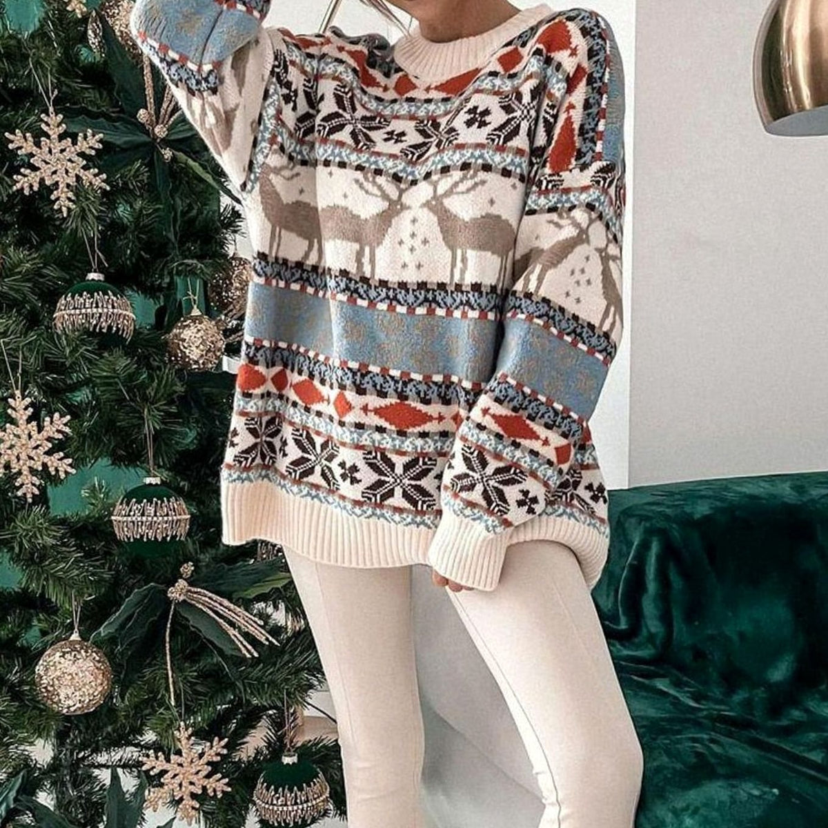 Johanna | Damen Weihnachtspullover mit Rentiermuster lockere Passform festlicher Strickpullover