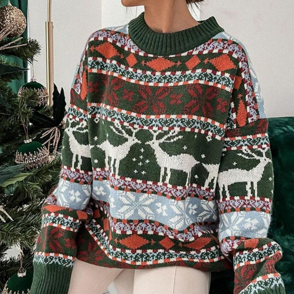 Johanna | Damen Weihnachtspullover mit Rentiermuster lockere Passform festlicher Strickpullover