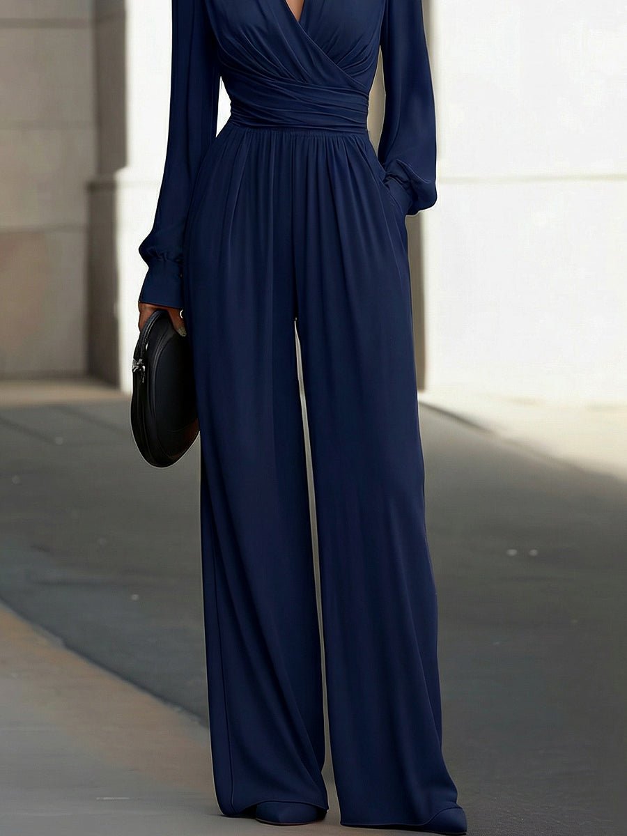 Katharina | Damen Wickel Jumpsuit Langarm Weites Bein V-Ausschnitt