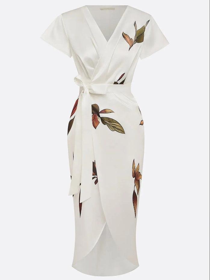Annika | Damen Wickelkleid Midi V-Ausschnitt Blättermuster