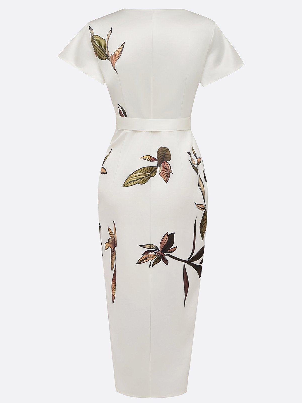 Annika | Damen Wickelkleid Midi V-Ausschnitt Blättermuster