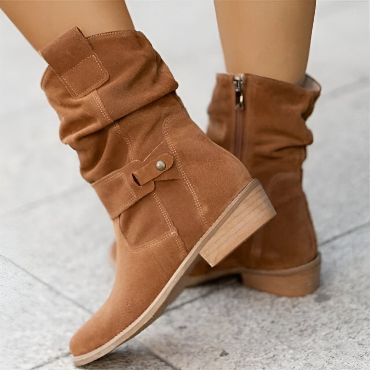 Frieda | Damen Wildlederimitat Knee High Boots Gefältelt Blockabsatz Reißverschluss