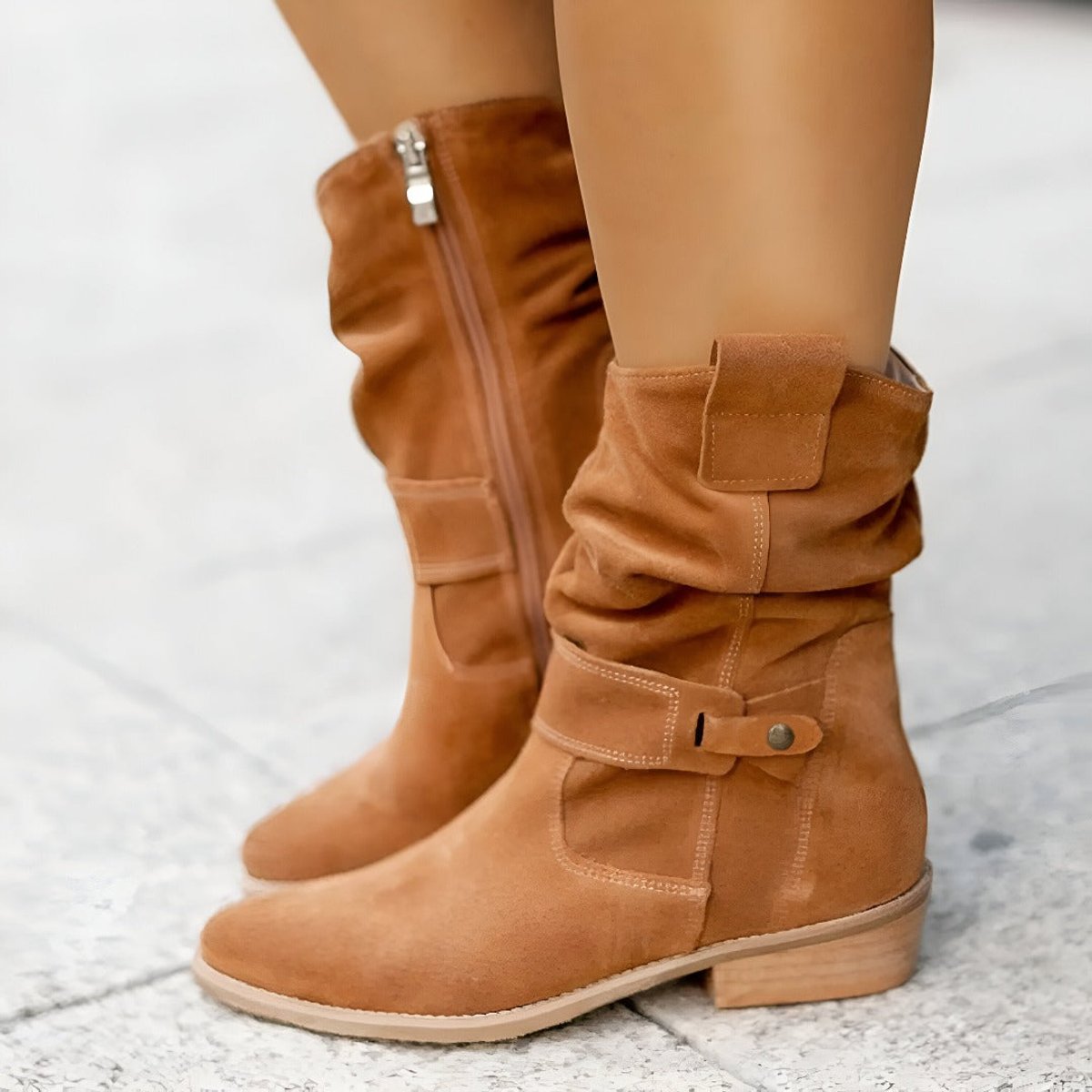 Frieda | Damen Wildlederimitat Knee High Boots Gefältelt Blockabsatz Reißverschluss