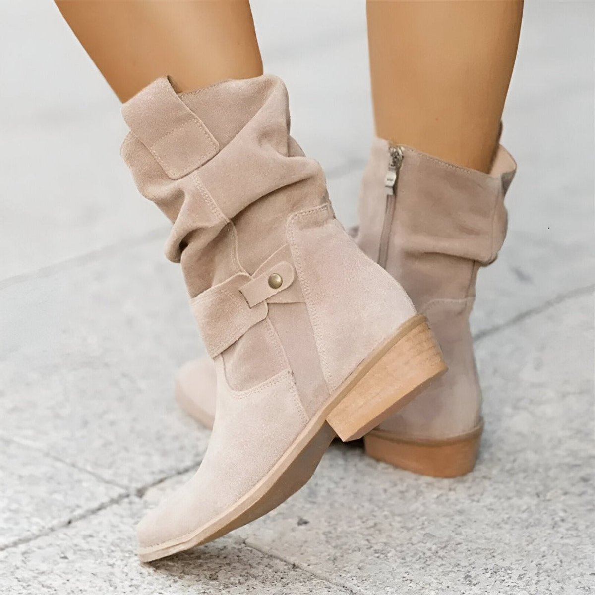 Frieda | Damen Wildlederimitat Knee High Boots Gefältelt Blockabsatz Reißverschluss