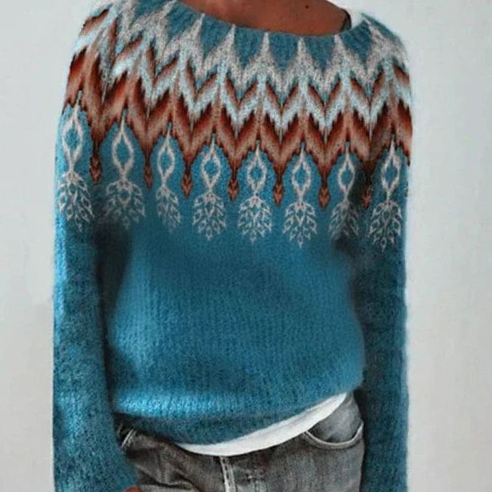Katharina | Damen Winterpullover nordischem Muster Rundhals Weihnachtsstrickpullover