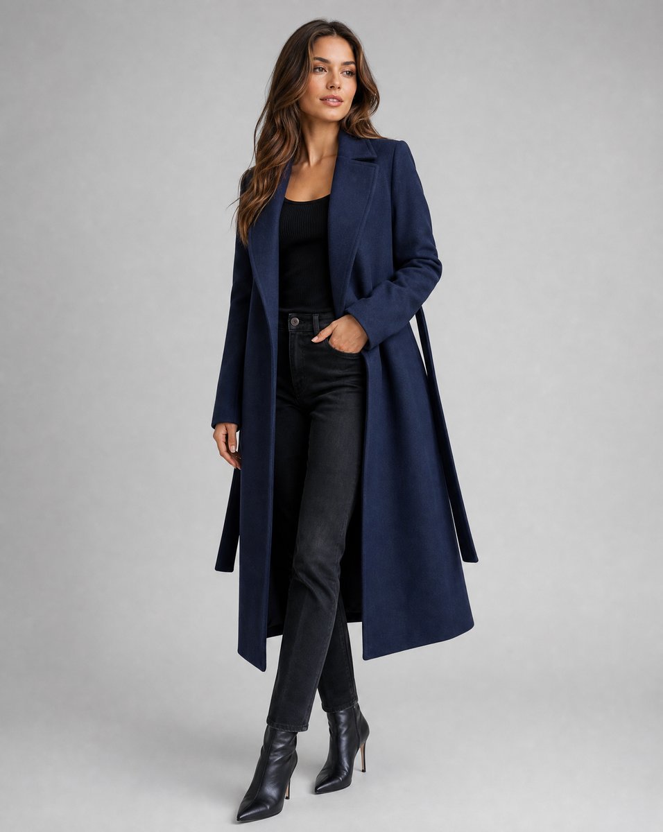 Hannah | Damen Wollmix Trench Coat Langer Gürtelmantel mit Reverskragen