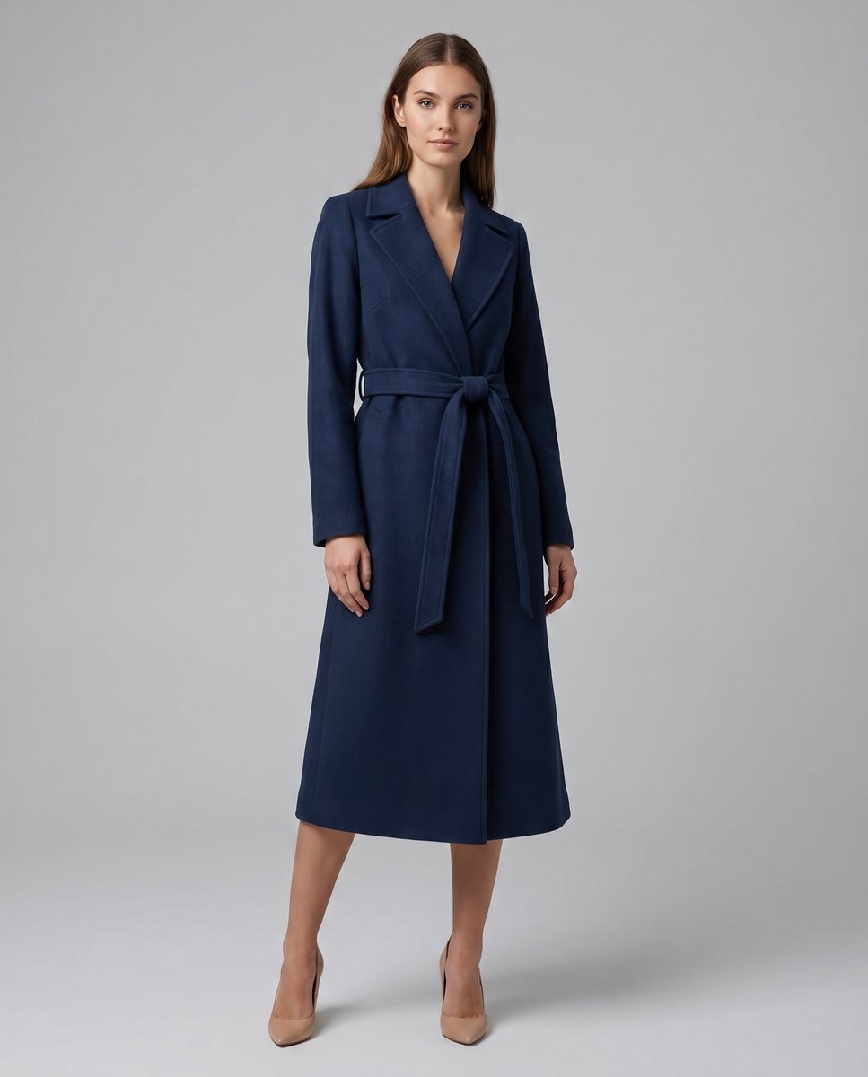 Hannah | Damen Wollmix Trench Coat Langer Gürtelmantel mit Reverskragen