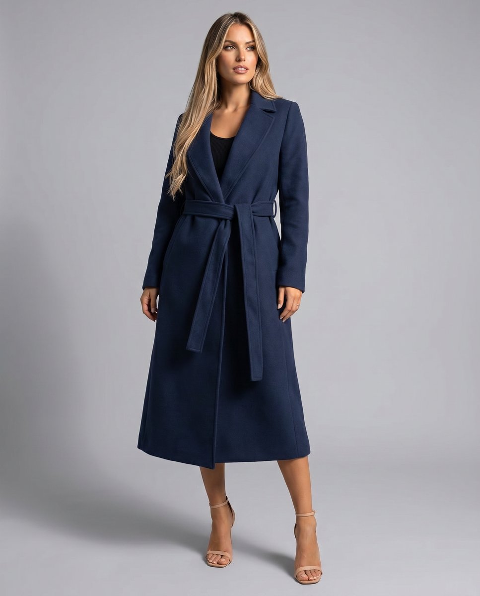 Hannah | Damen Wollmix Trench Coat Langer Gürtelmantel mit Reverskragen