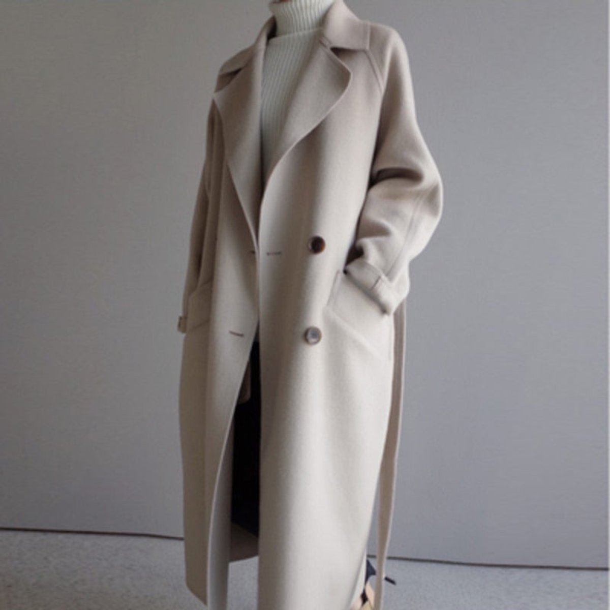 Katharina | Damen Women Coat langer Kaschmir Mantel Doppelknopf Trenchcoat