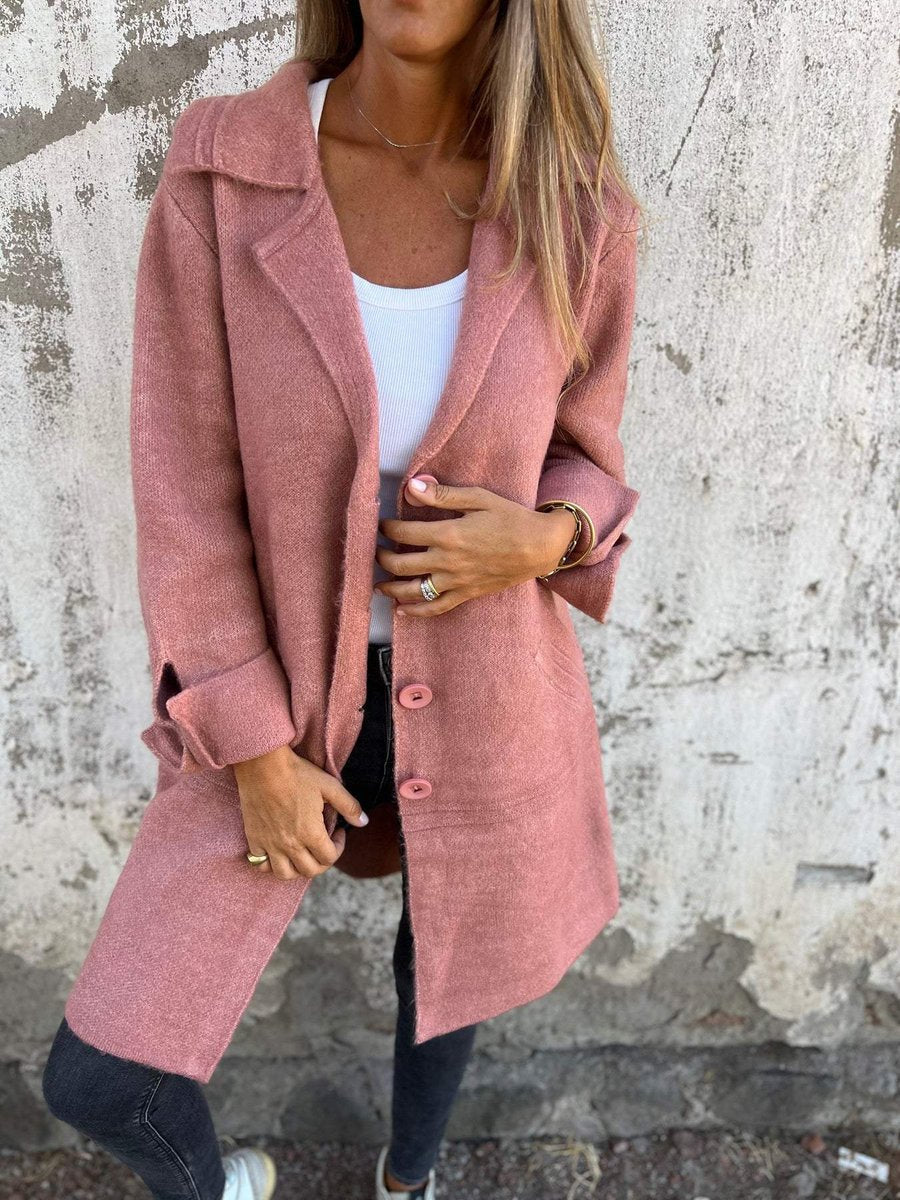 Marlene | Damen Women Coat Lässiger Langer Mantel mit Revers und Knöpfen