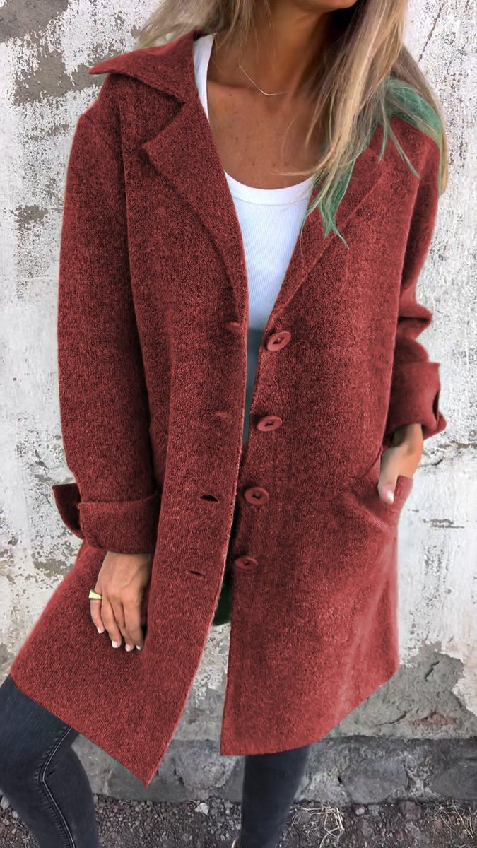 Marlene | Damen Women Coat Lässiger Langer Mantel mit Revers und Knöpfen