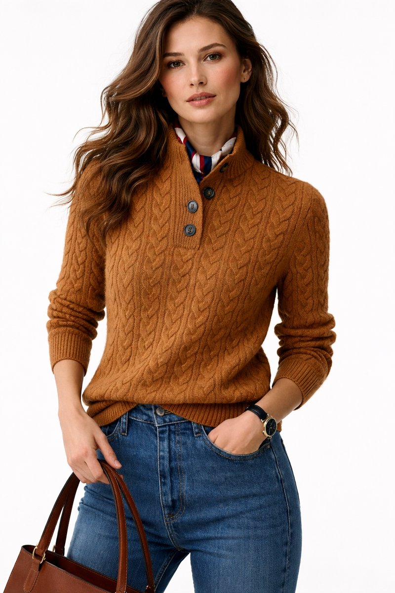 Charlotte | Damen Zopfstrick Wollmix Sweater mit Knopfkragen