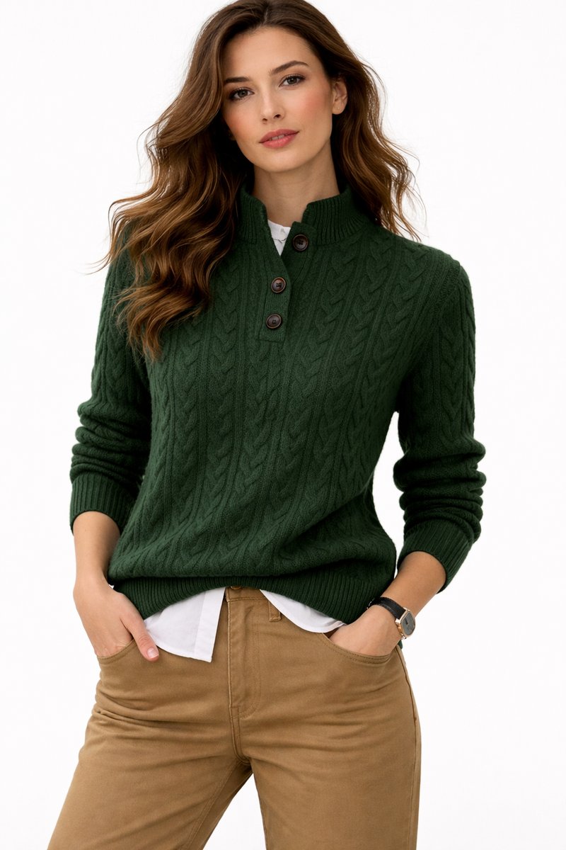 Charlotte | Damen Zopfstrick Wollmix Sweater mit Knopfkragen