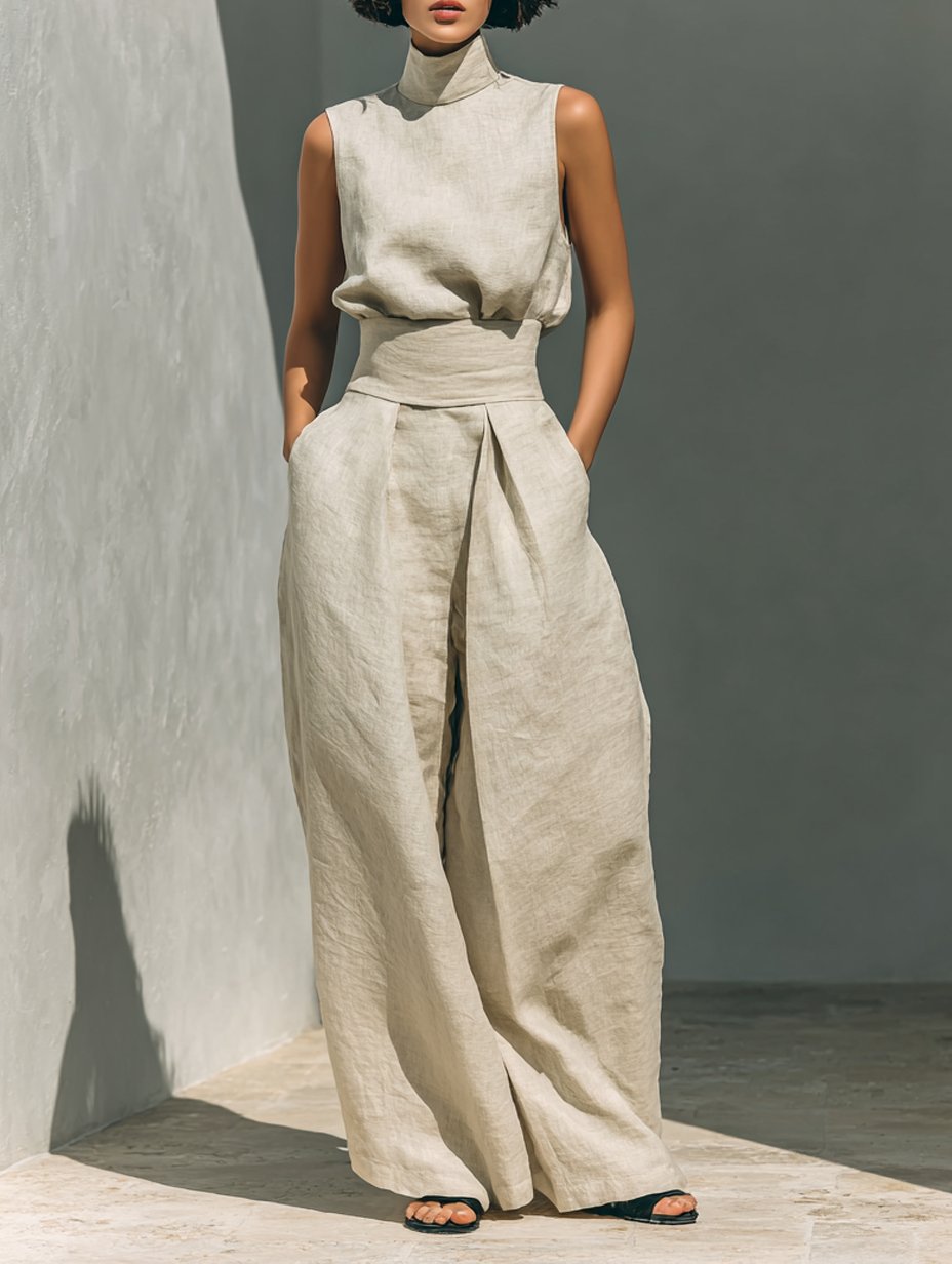 Luisa | Damen Zweiteiler Set Ärmellose Bluse Weite Hose Minimalistisch