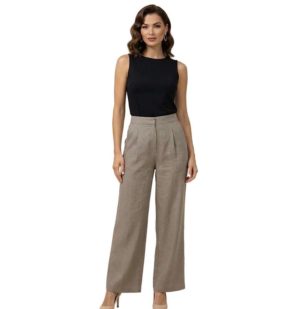 Damenhose mit hohem Bund, weitem Bein, Frontfalten und Seitentaschen