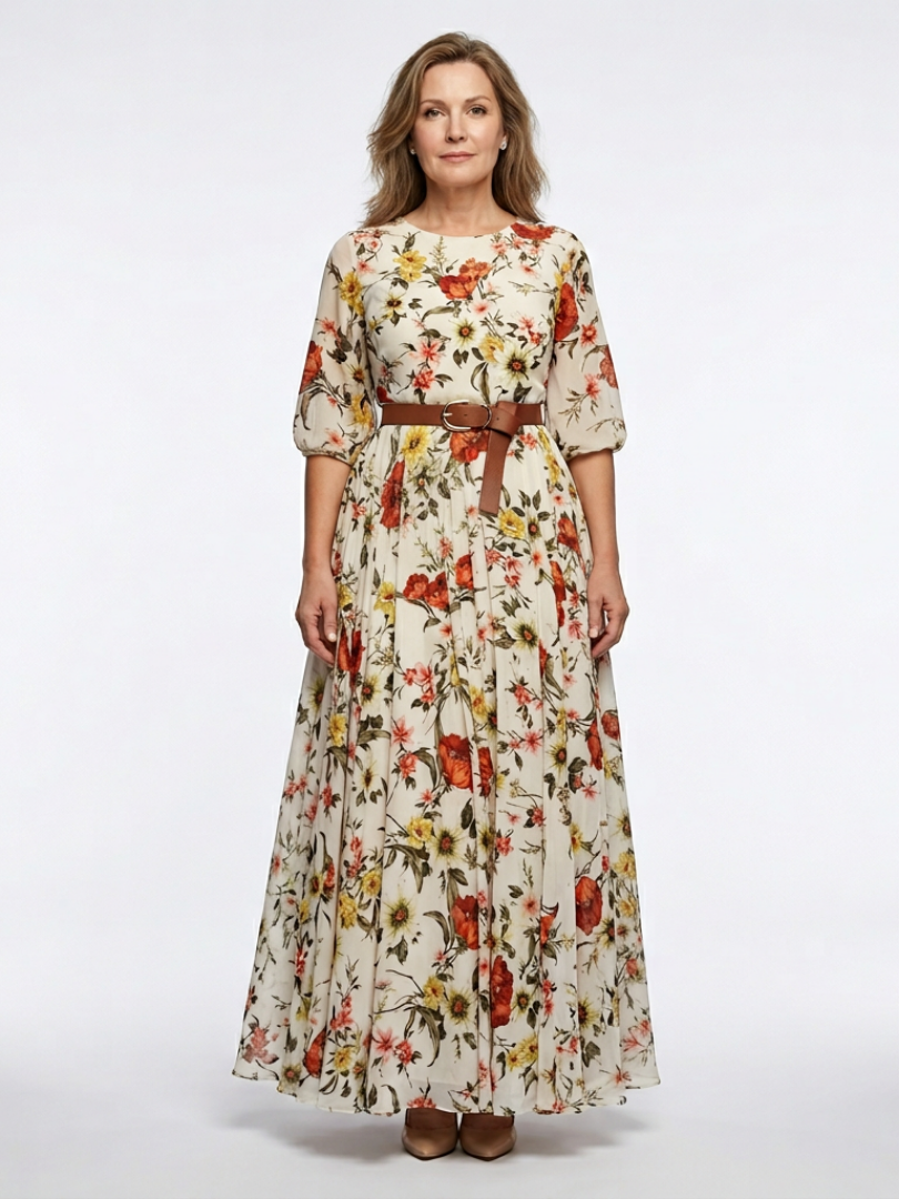 Odelia | Maxikleid mit Rundhalsausschnitt und drei Viertel Ärmeln, mit Gürtel