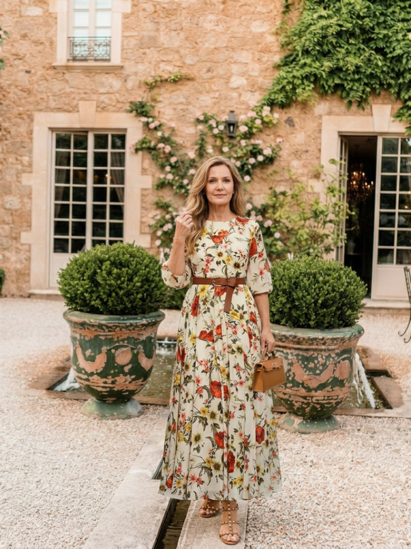 Odelia | Maxikleid mit Rundhalsausschnitt und drei Viertel Ärmeln, mit Gürtel