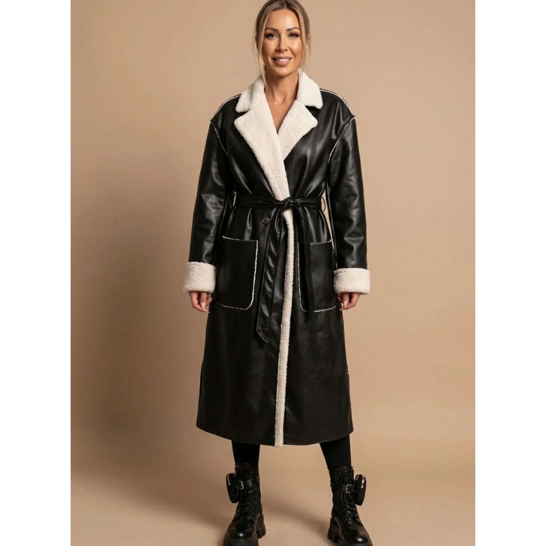 Denise | Damen Winterjacke mit Gürtel, Taschen und Langer Form