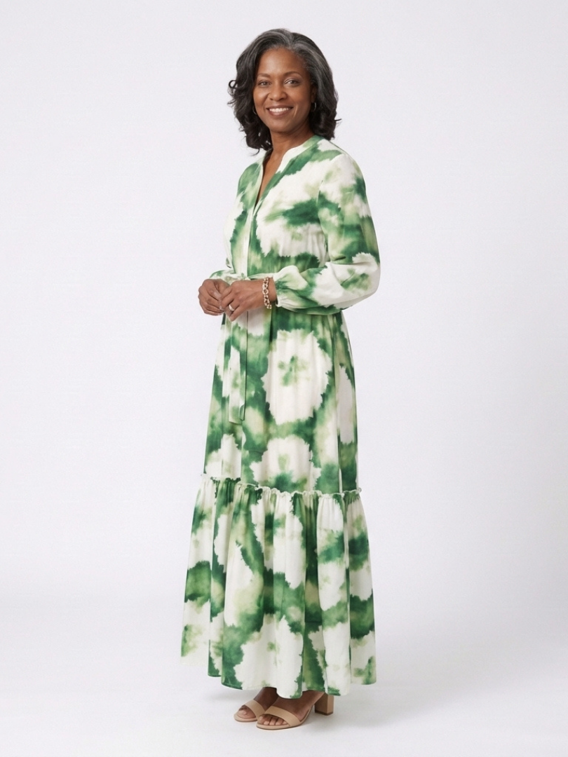 Sabine | Langärmliges Maxikleid mit Taillenknoten und Stufenrock