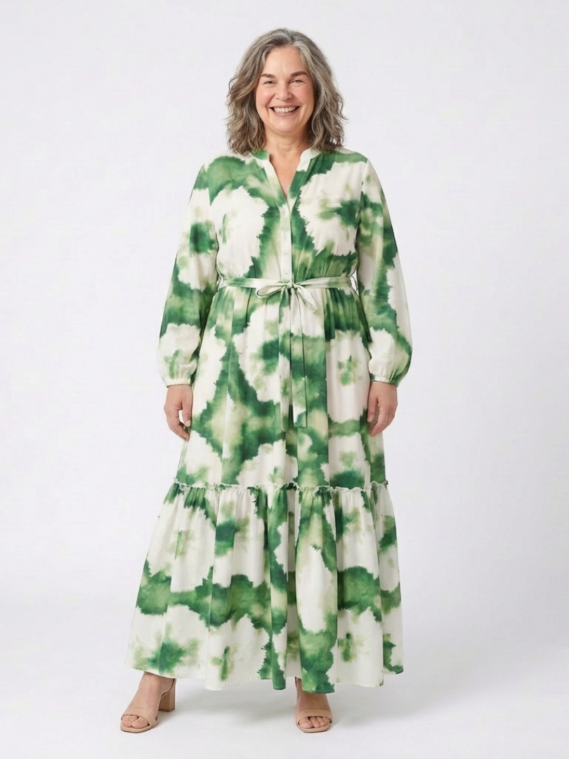 Sabine | Langärmliges Maxikleid mit Taillenknoten und Stufenrock