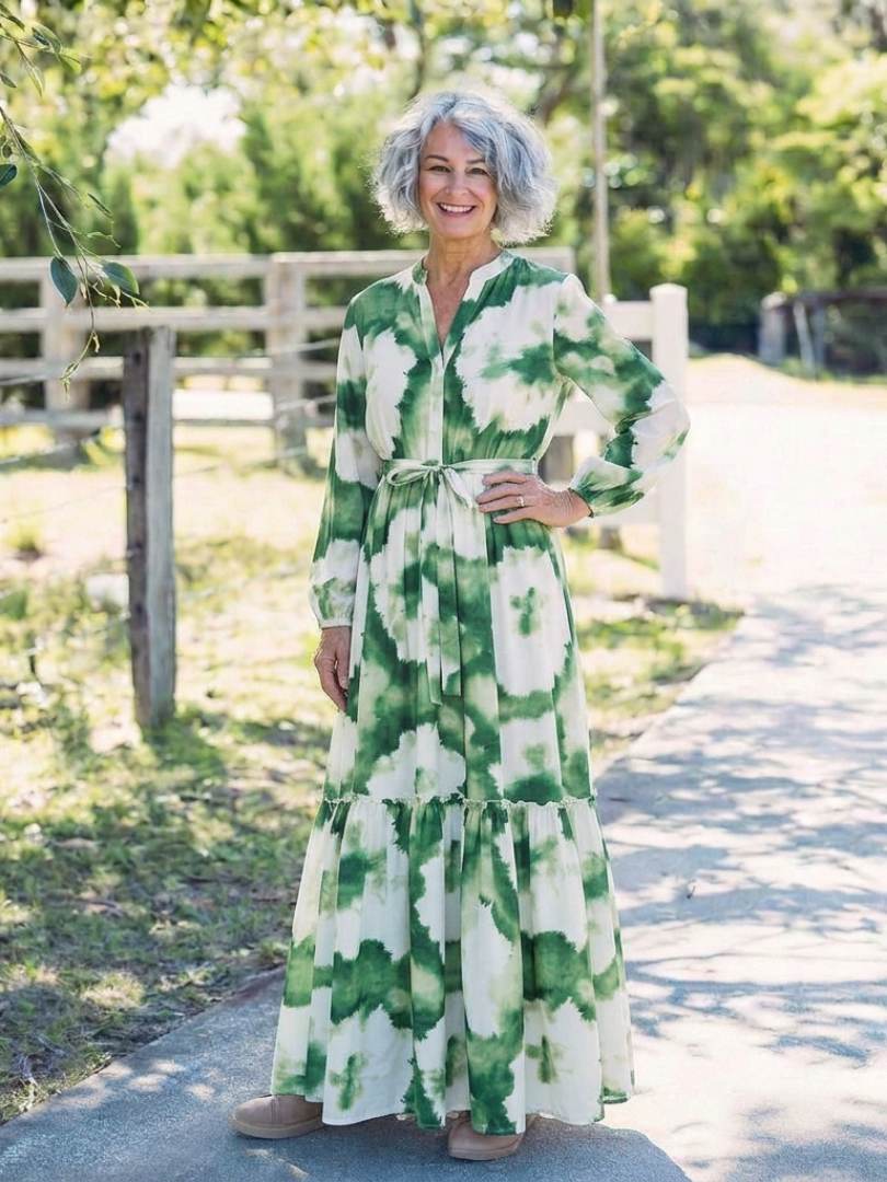Sabine | Langärmliges Maxikleid mit Taillenknoten und Stufenrock