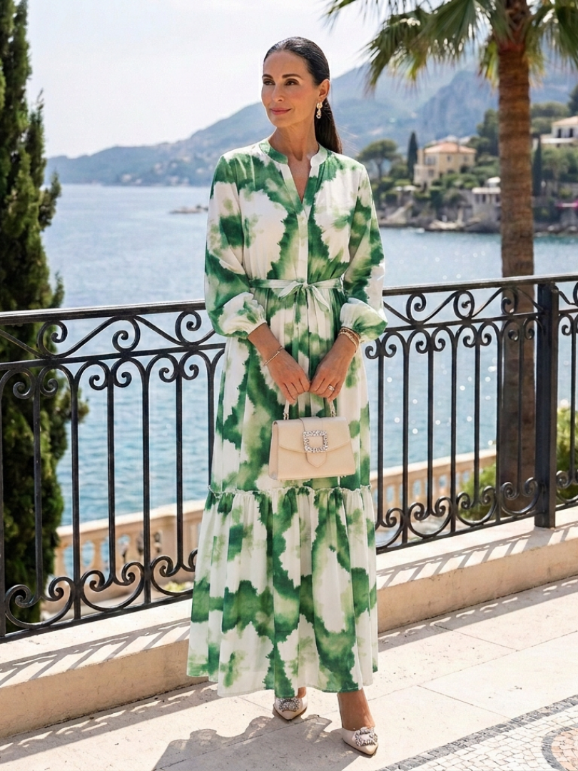 Sabine | Langärmliges Maxikleid mit Taillenknoten und Stufenrock