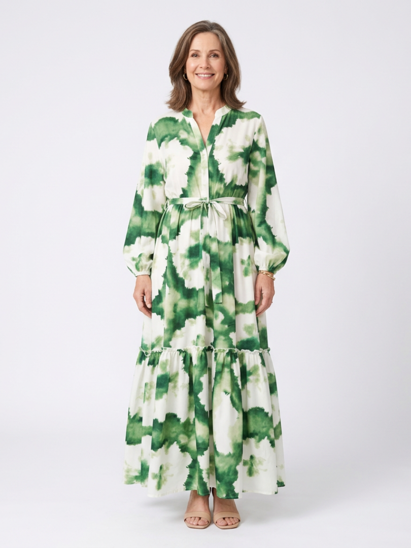 Sabine | Langärmliges Maxikleid mit Taillenknoten und Stufenrock