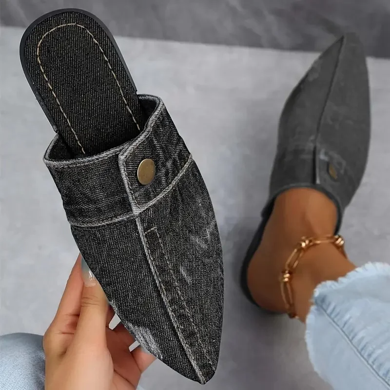 Demi | Damen Denim-Mules Spitz Flach Slip-on Jeans-Look