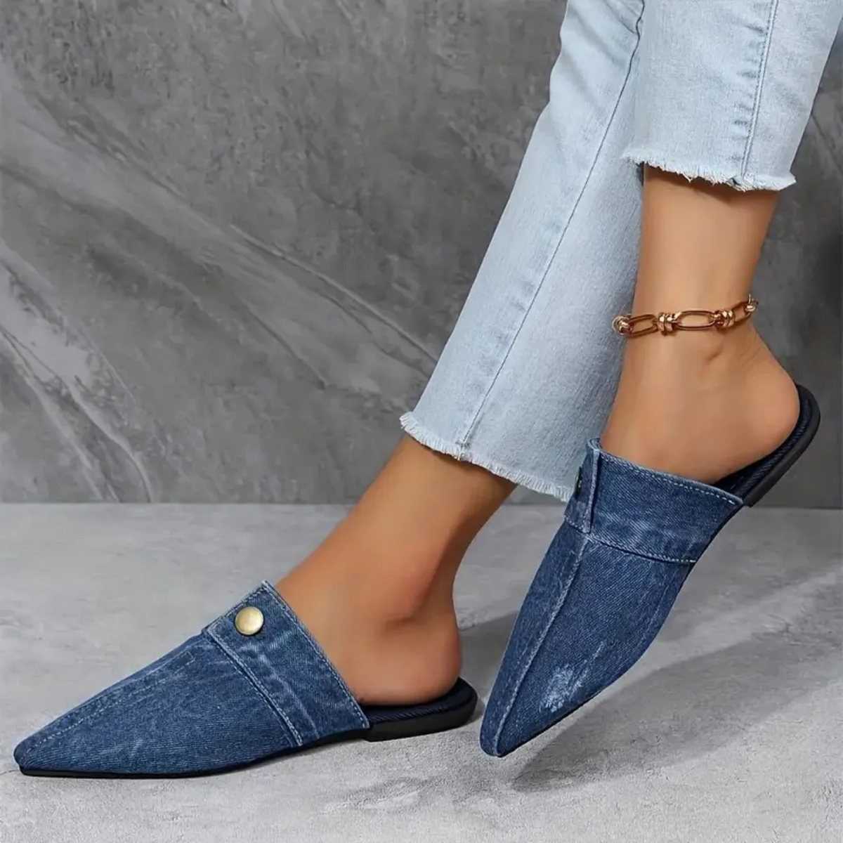 Demi | Damen Denim-Mules Spitz Flach Slip-on Jeans-Look