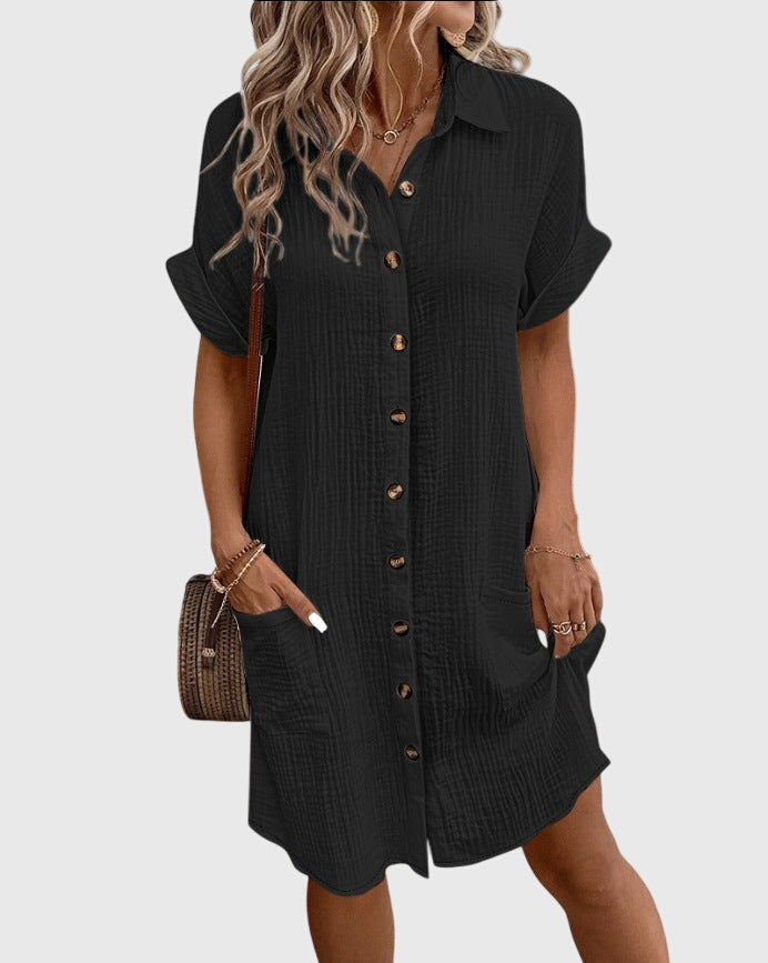 Locker geschnittenes Sommerkleid mit Knopfleiste – Midikleid Kurzarm Polokleid