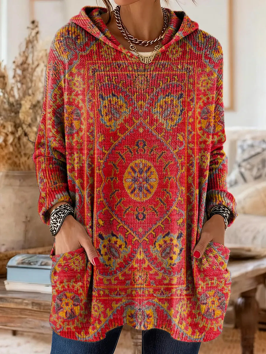 Vintage-inspirierte Kapuzenstrick-Tunika mit Taschen und ethnischem Druck
