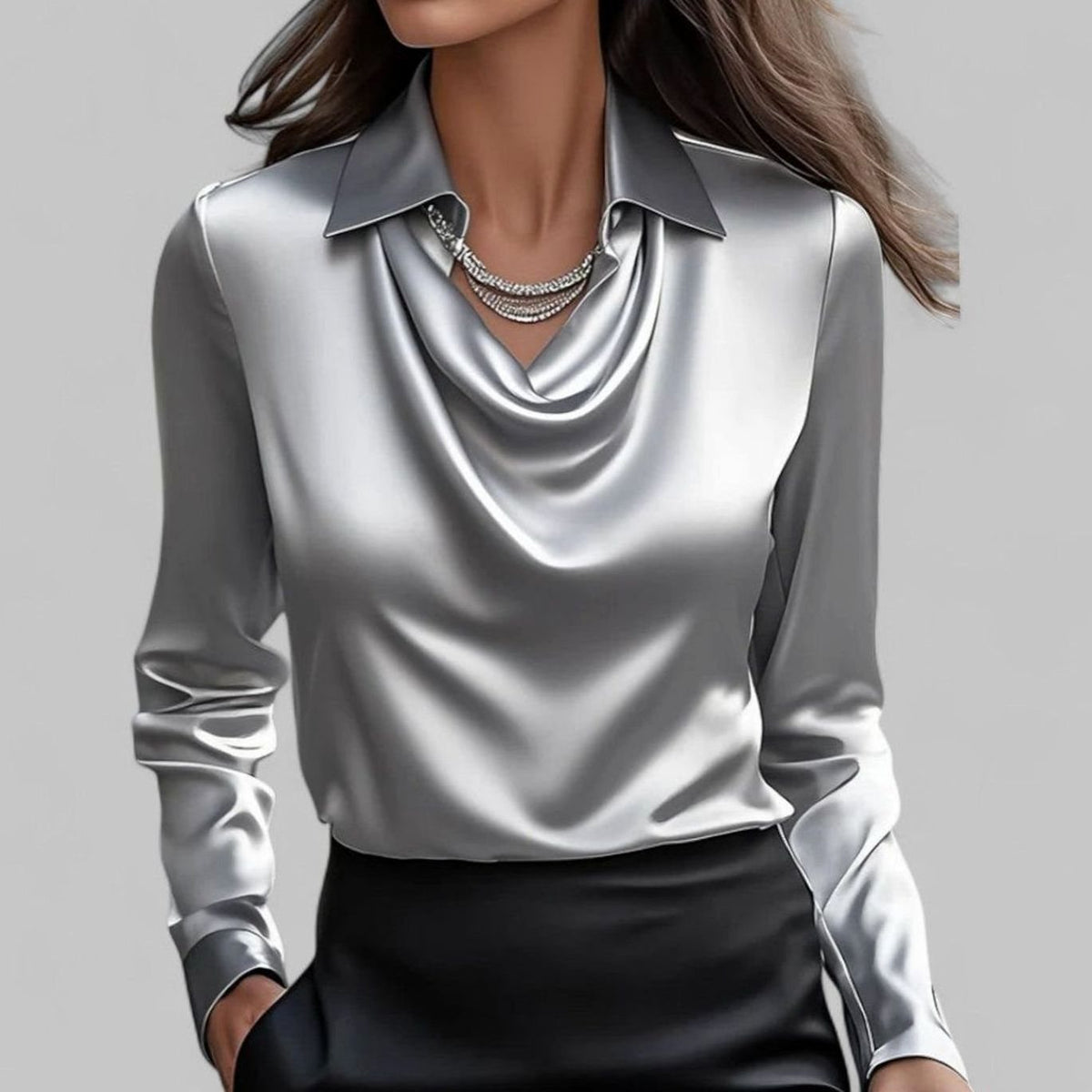 Lena | Elegante Satin-Wasserfallbluse für Damen Langarm V-Ausschnitt