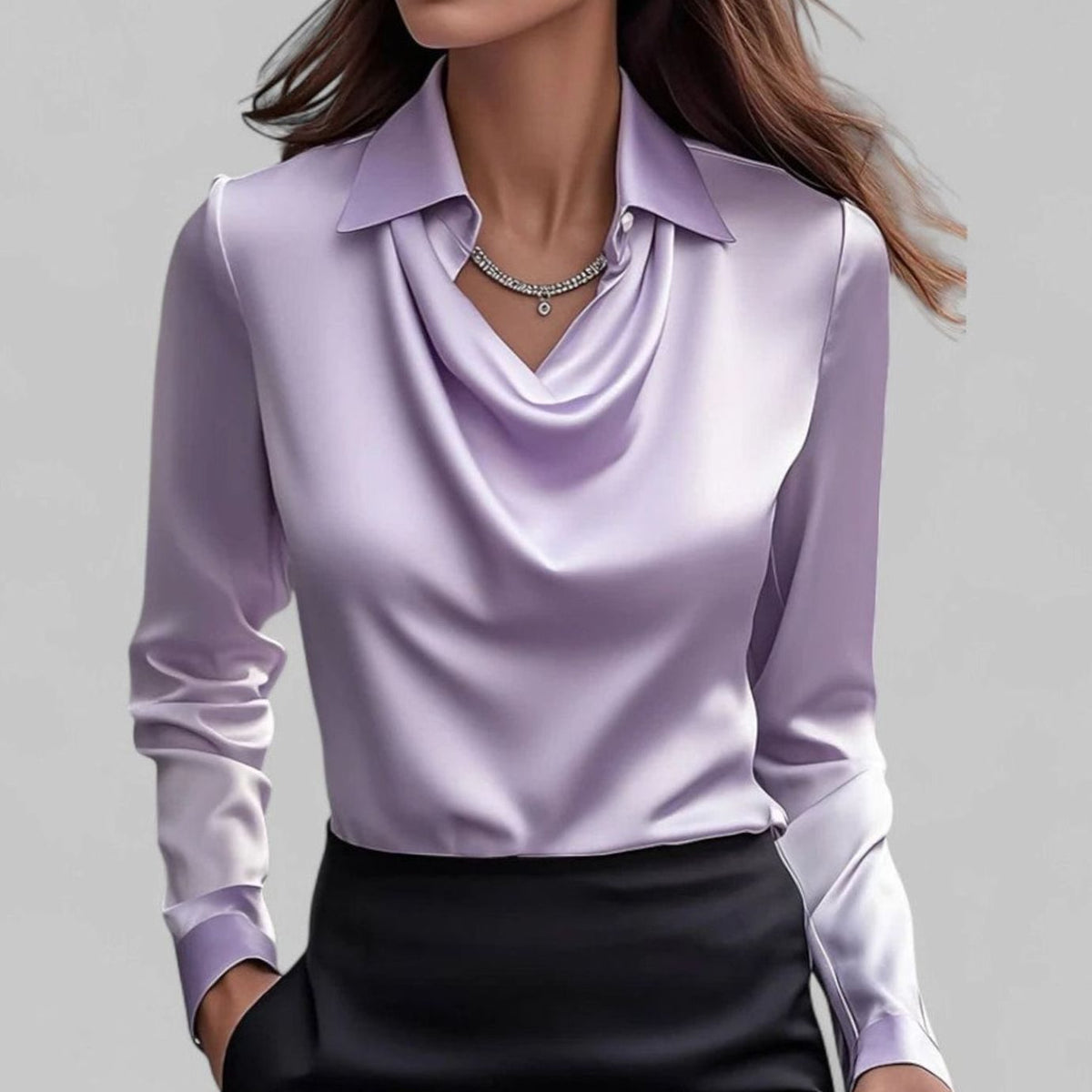Lena | Elegante Satin-Wasserfallbluse für Damen Langarm V-Ausschnitt