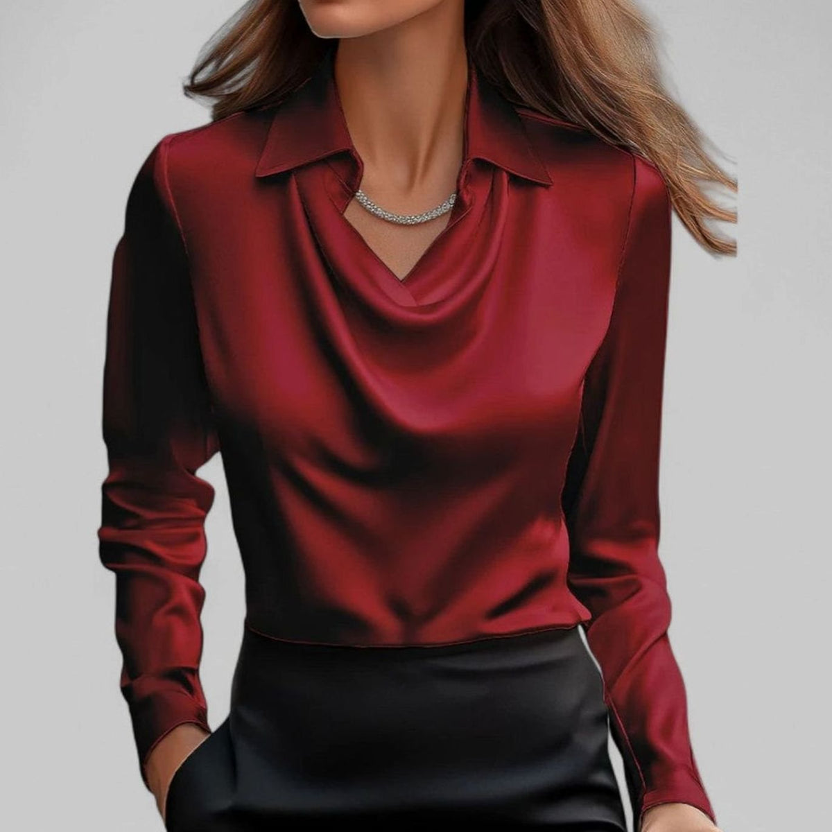 Lena | Elegante Satin-Wasserfallbluse für Damen Langarm V-Ausschnitt