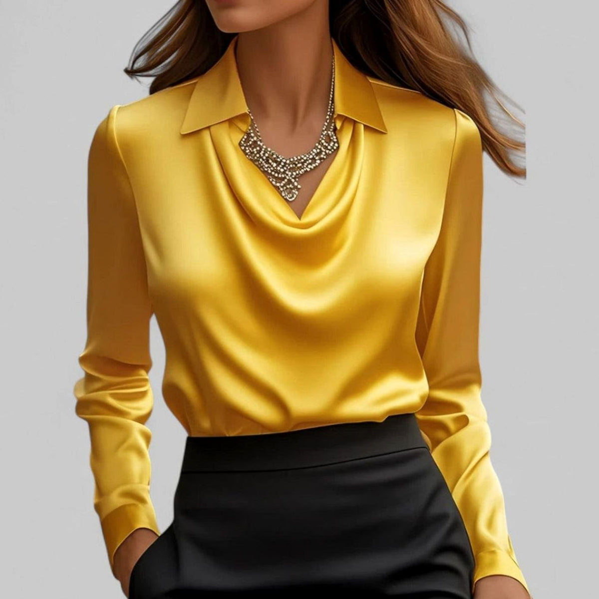 Lena | Elegante Satin-Wasserfallbluse für Damen Langarm V-Ausschnitt