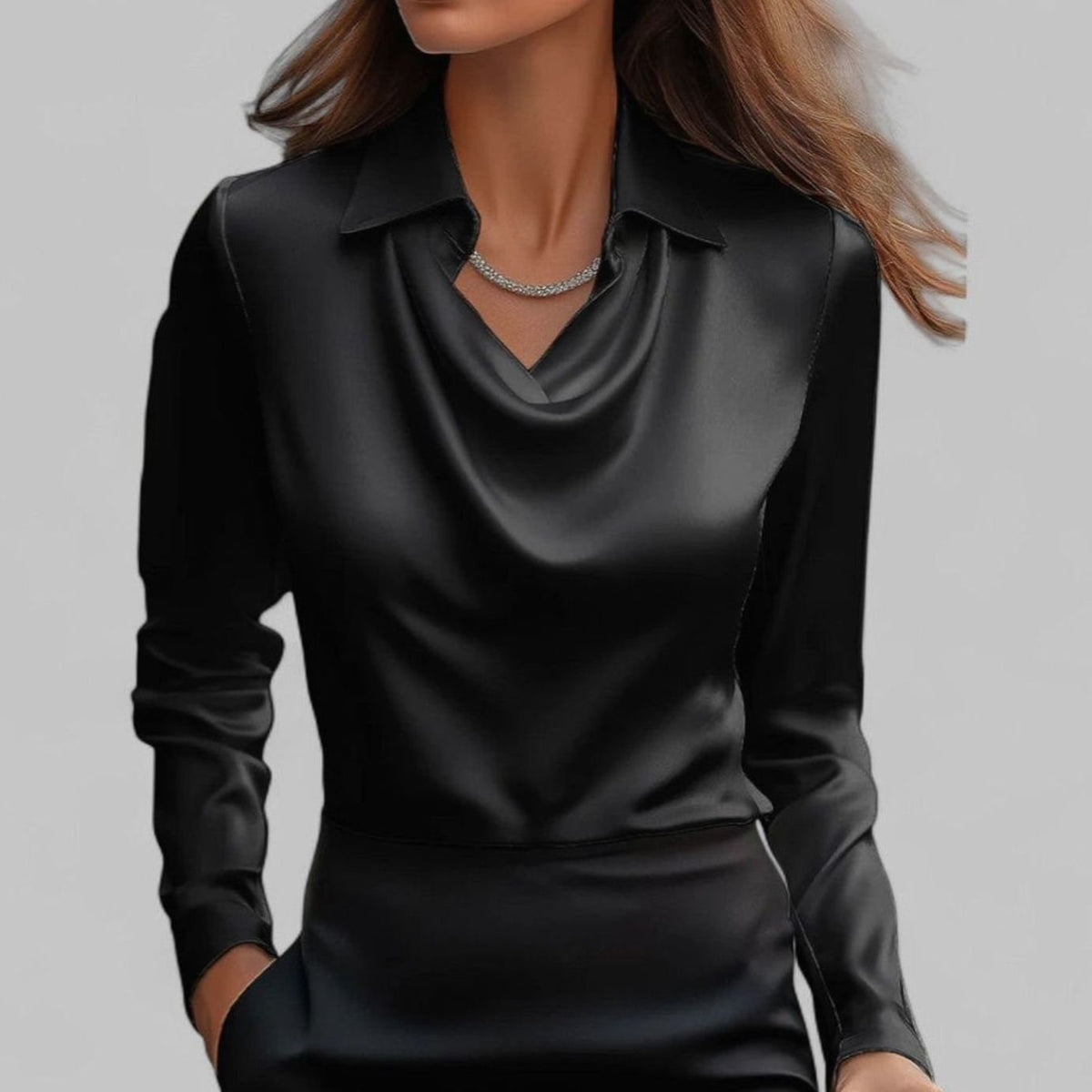 Lena | Elegante Satin-Wasserfallbluse für Damen Langarm V-Ausschnitt