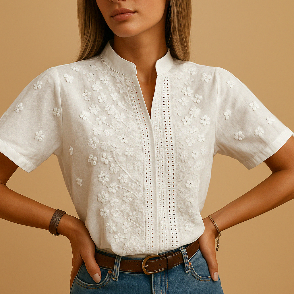 Leanaa – Trendige Bluse Mit Blumen Stickerei